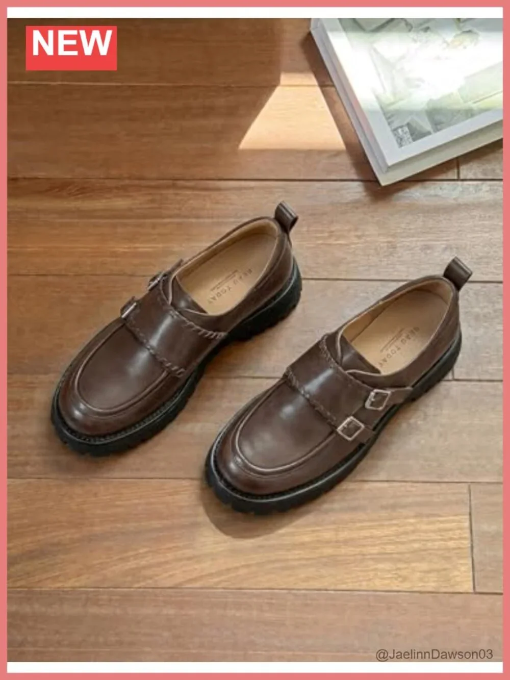 Genuine Leather Platform Monk Strap Loafers Woven Women's Shoes